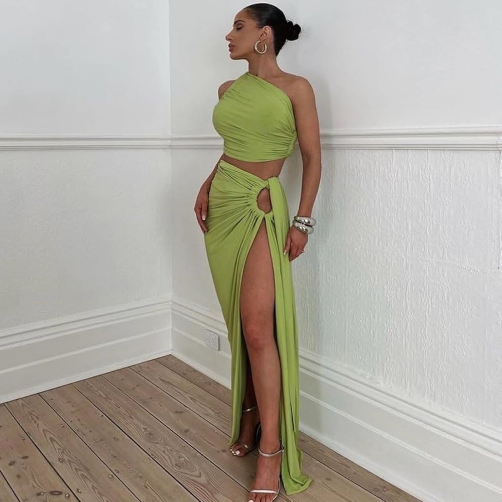 Women's  GODDESS GREEN 2 Piece  Sexy High Slit Maxi Night Out Dress Set NEW